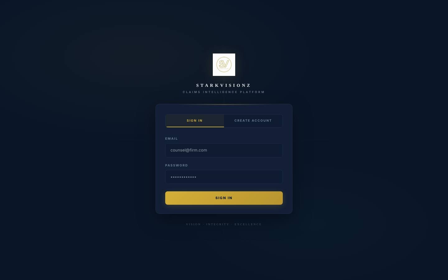 StarkVisionz Claims Intelligence sign-in screen, navy and gold
