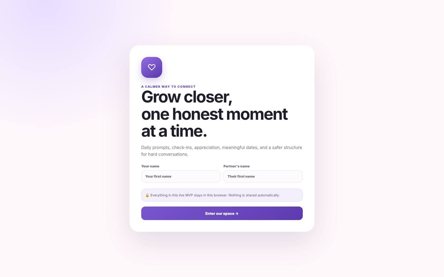 Closer couples app landing: grow closer one honest moment at a time