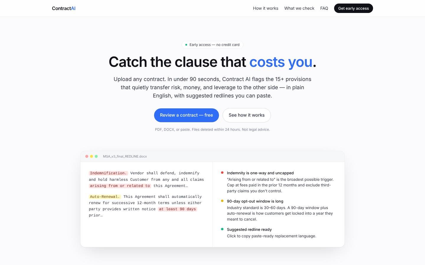 Contract AI landing page: Catch the clause that costs you