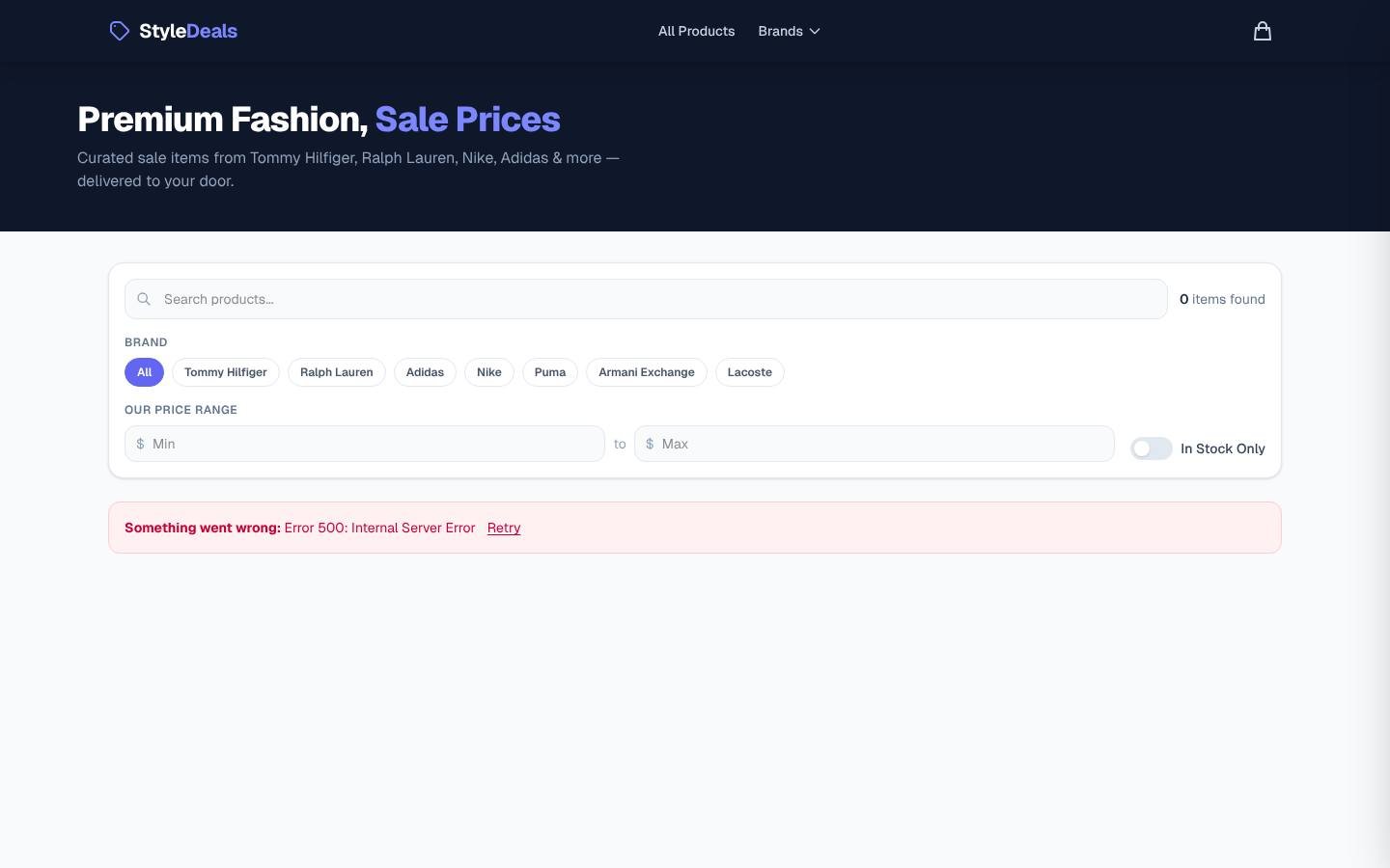 StyleDeals storefront showing zero items found