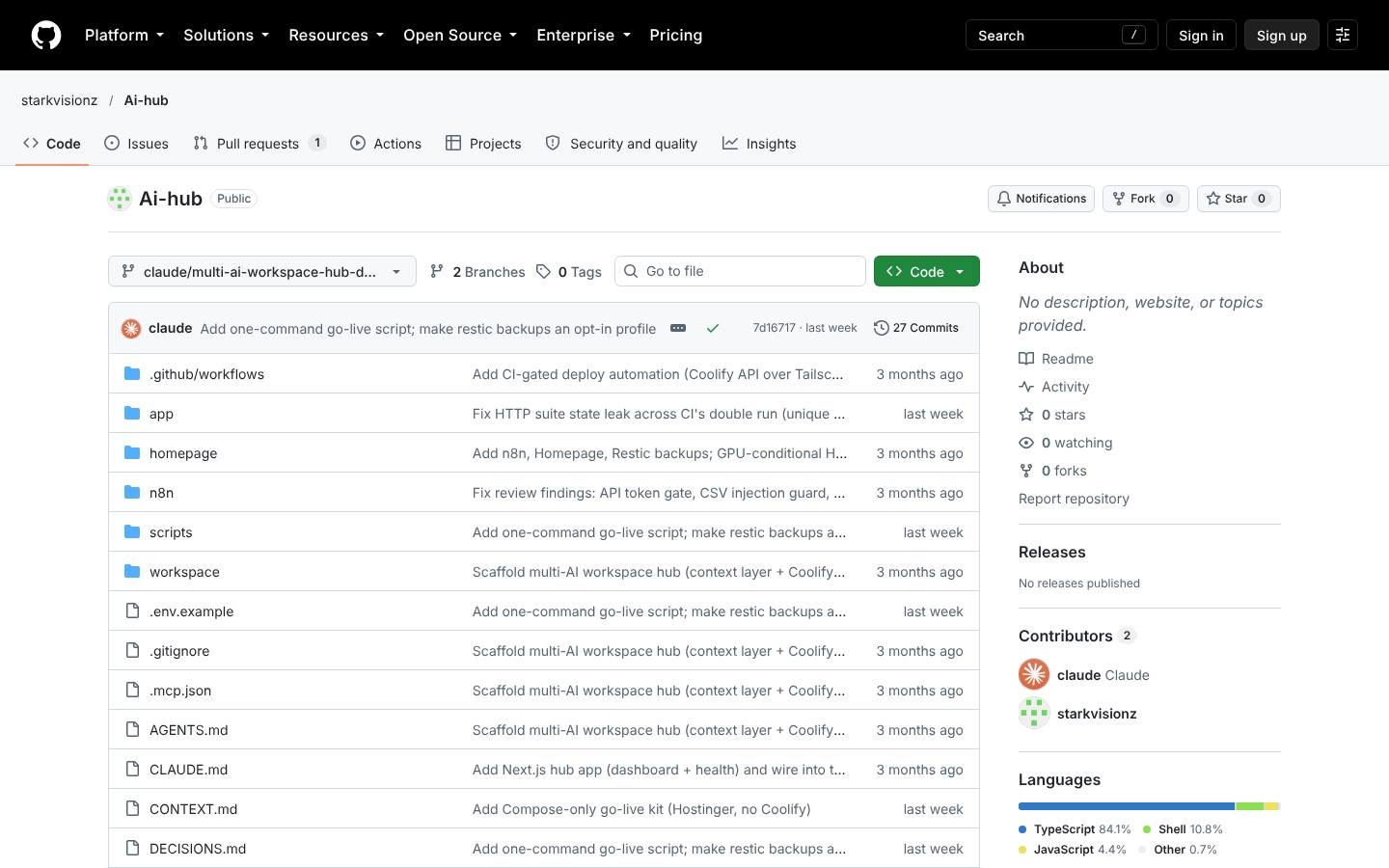 GitHub repository page for starkvisionz/Ai-hub
