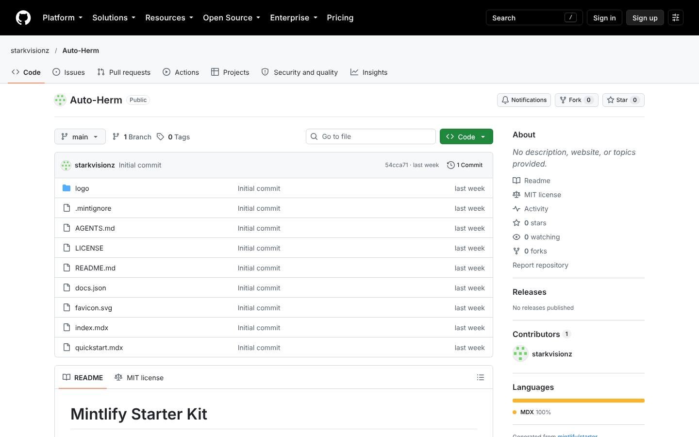 GitHub repository page for starkvisionz/Auto-Herm, a Mintlify starter kit