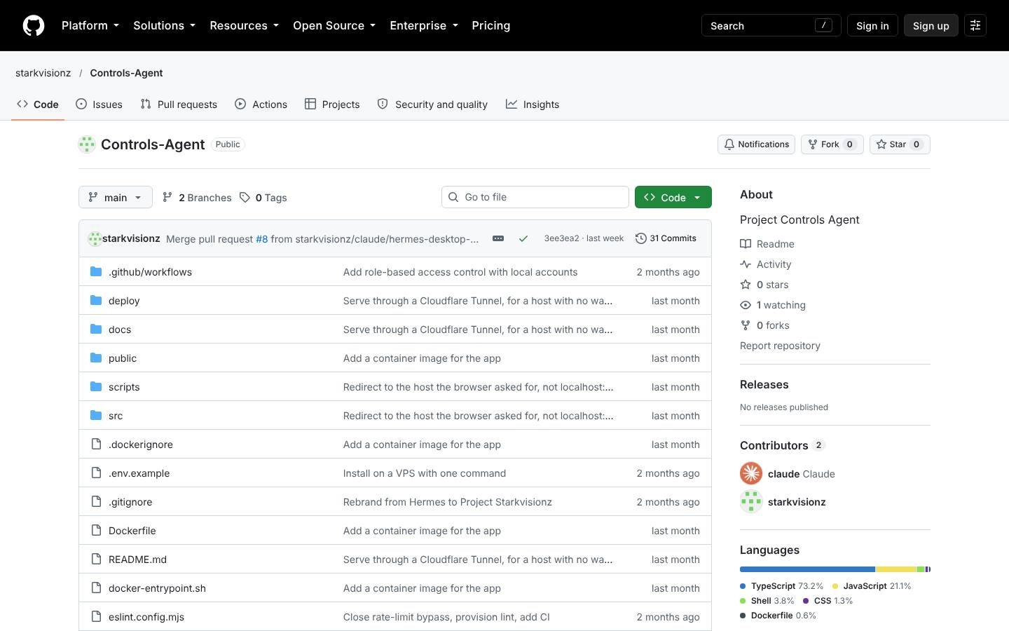 GitHub repository page for starkvisionz/Controls-Agent