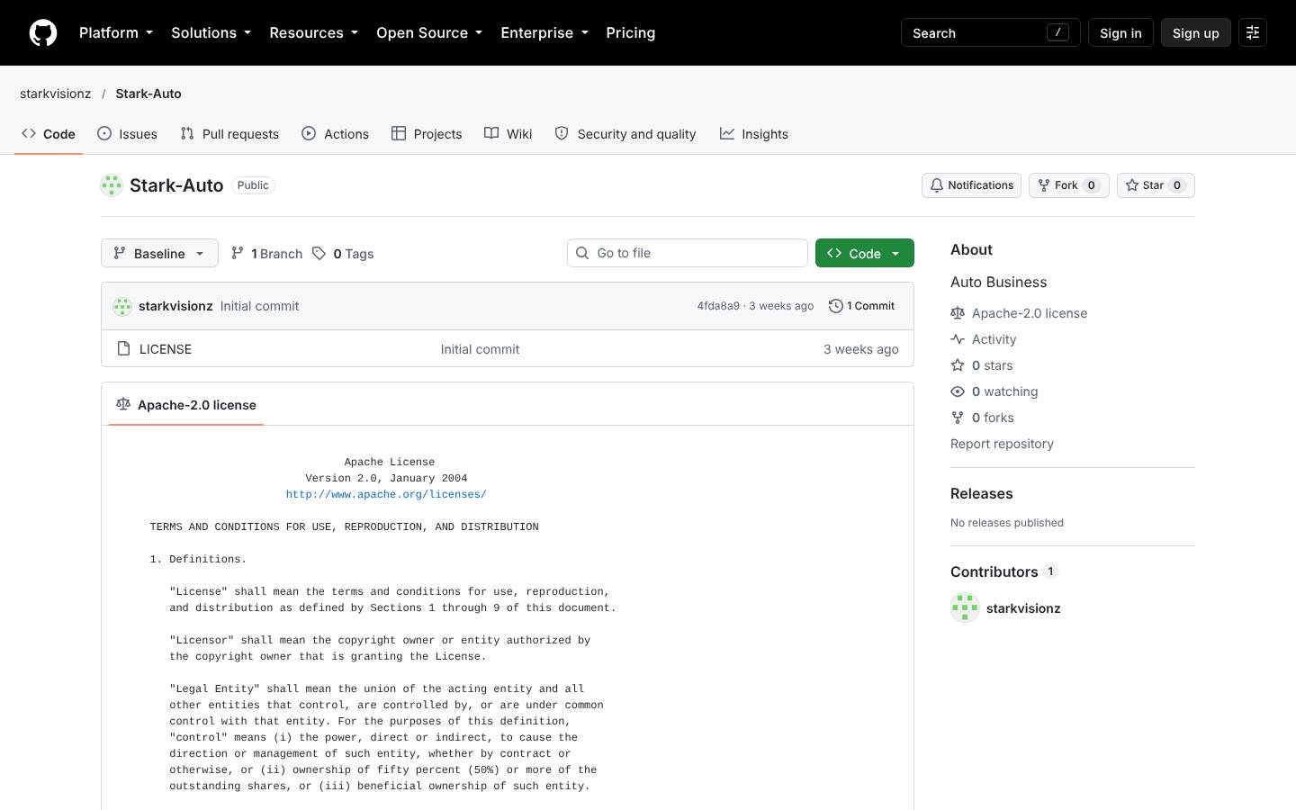 GitHub repository page for starkvisionz/Stark-Auto, a LICENSE-only repository