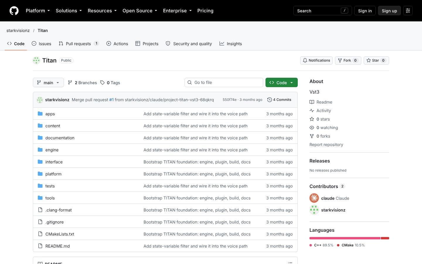 GitHub repository page for starkvisionz/Titan