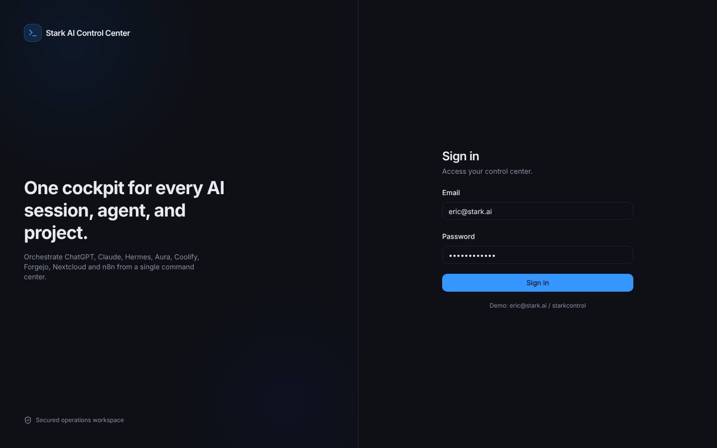 Stark AI Control Center sign-in: one cockpit for every AI session, agent and project