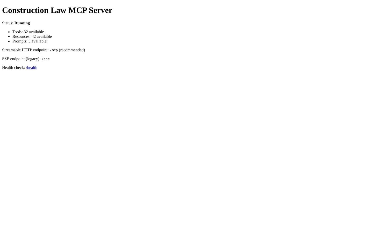Construction Law MCP Server status page: 32 tools, 42 resources, 5 prompts