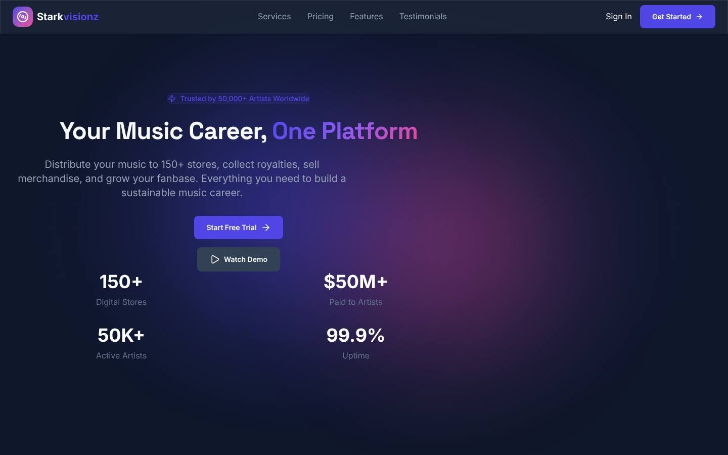 Starkvisionz record label and artist services landing page